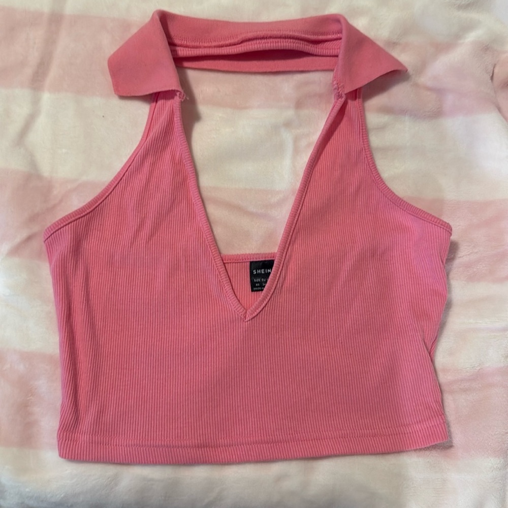 Pink collared halter crop top, size XS